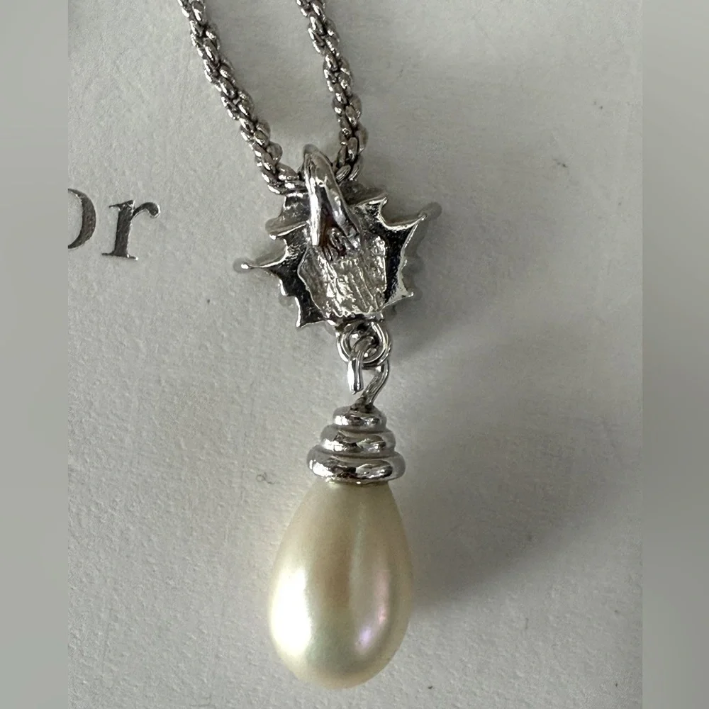 CHRISTIAN DIOR Pearl Rhinestone Silver Tone Necklace - Picture 5 of 7